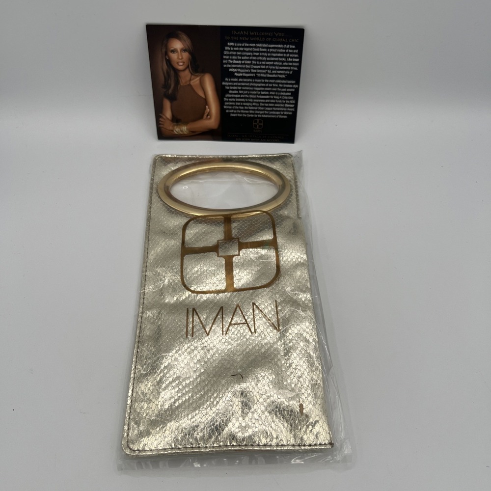 New Iman Gold Clutch Purse Snakeskin Oval Metal Handles